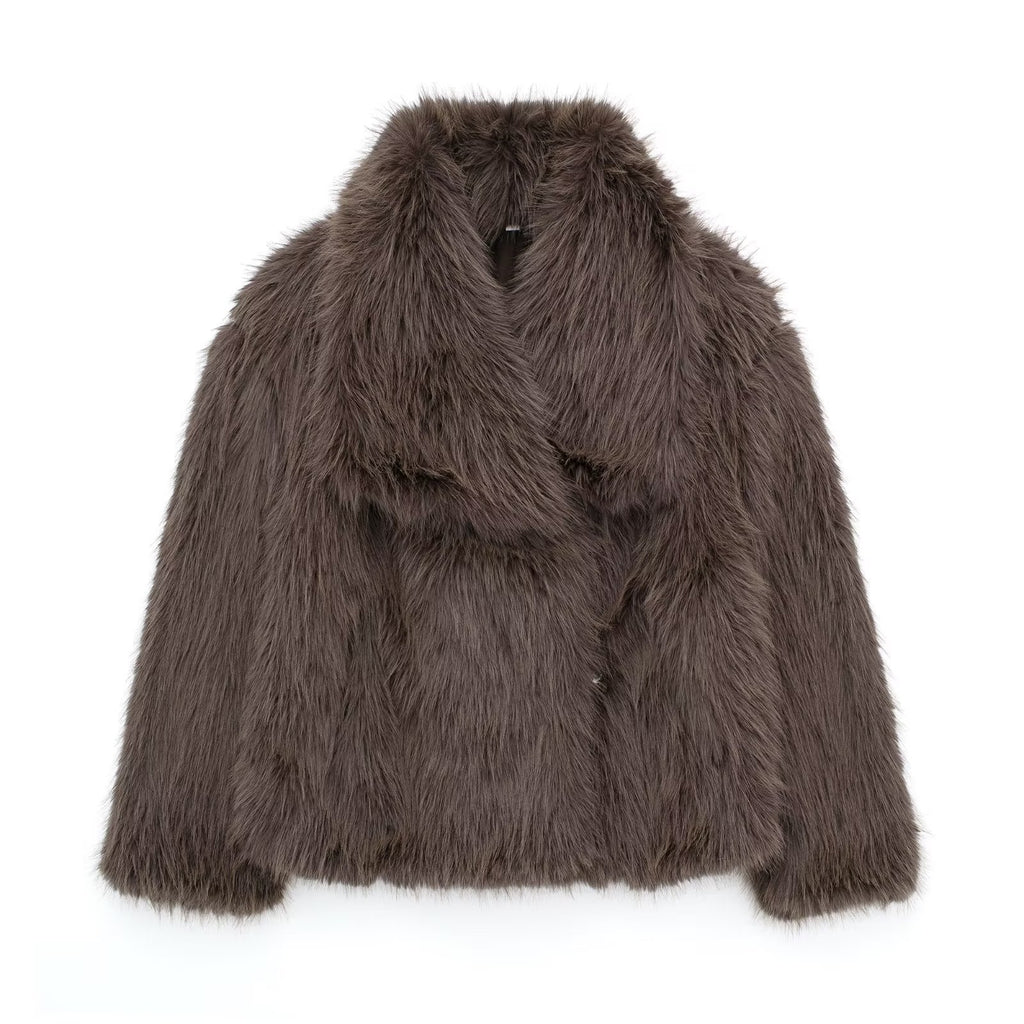 Plush Faux Fur Wide Lapel Cropped Coat - Coffee