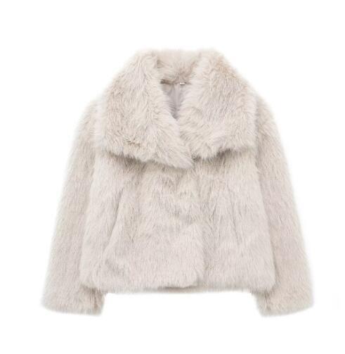Plush Faux Fur Wide Lapel Cropped Coat - Offwhite