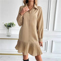 Pleated Hem Long Sleeve Mini Shirt Dress - Khaki