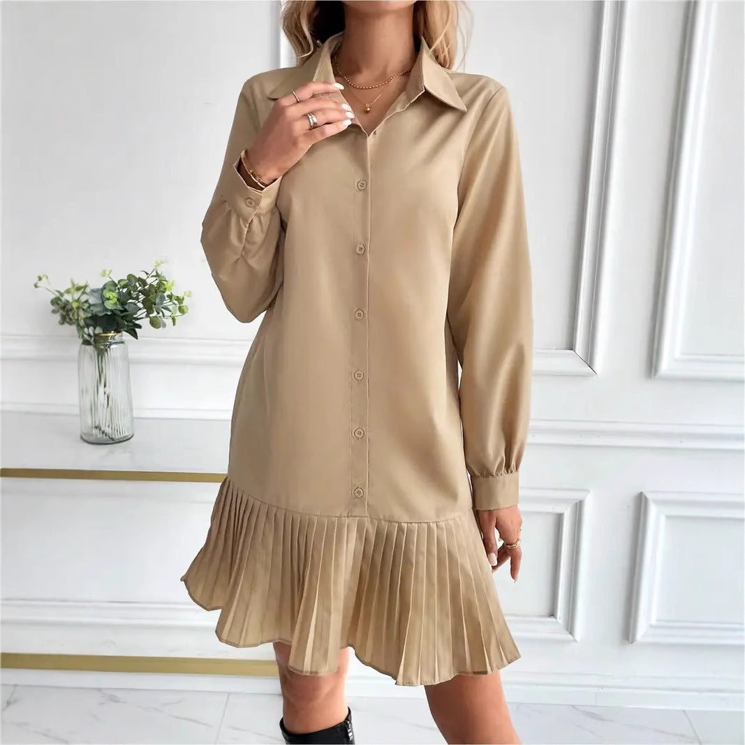 Pleated Hem Long Sleeve Mini Shirt Dress - Khaki