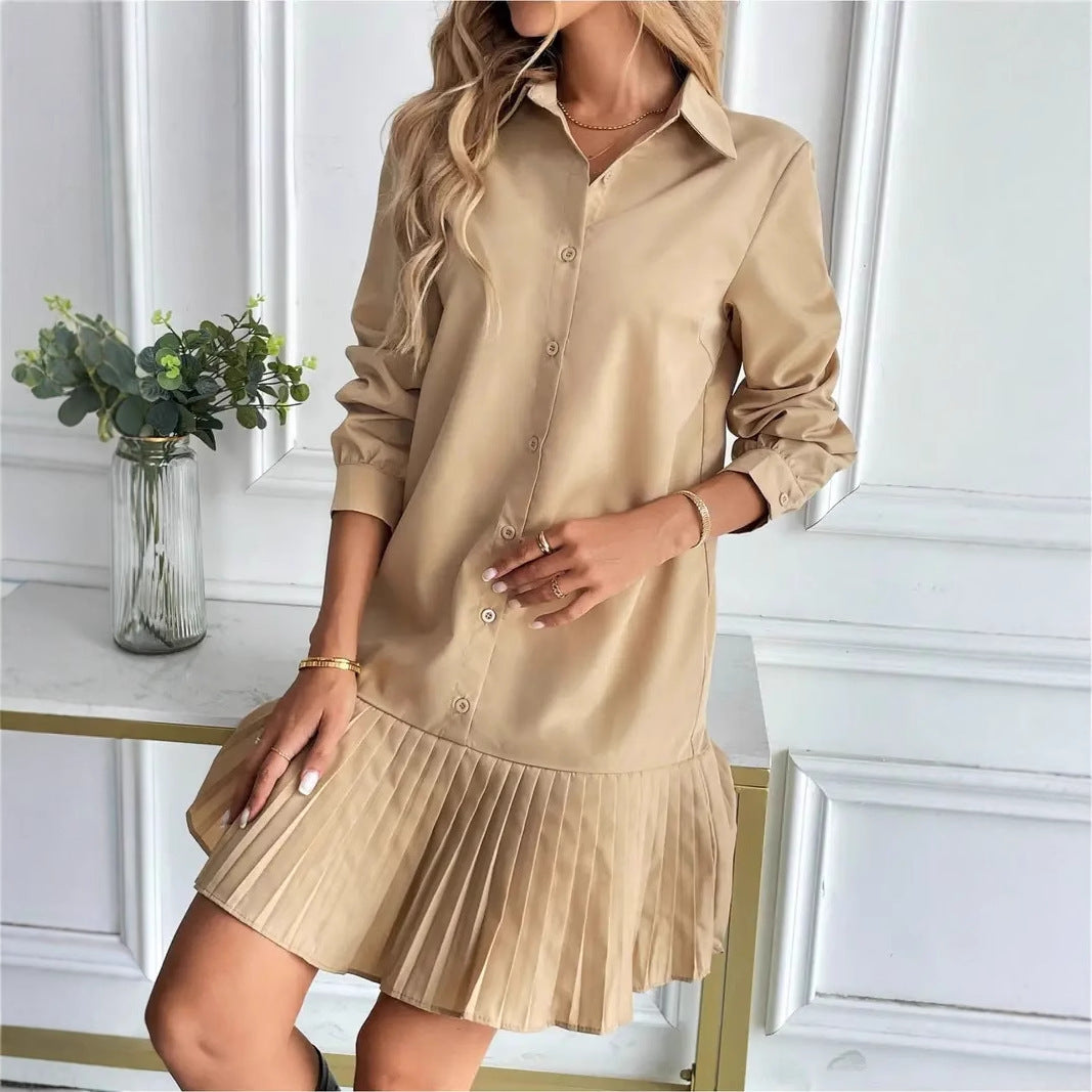Pleated Hem Long Sleeve Mini Shirt Dress