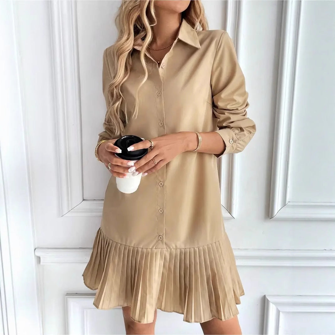 Pleated Hem Long Sleeve Mini Shirt Dress - view 1