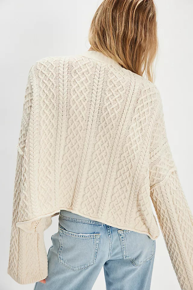 Wide Sleeve Cable Knit Cropped Cardigan - Apricot - 1