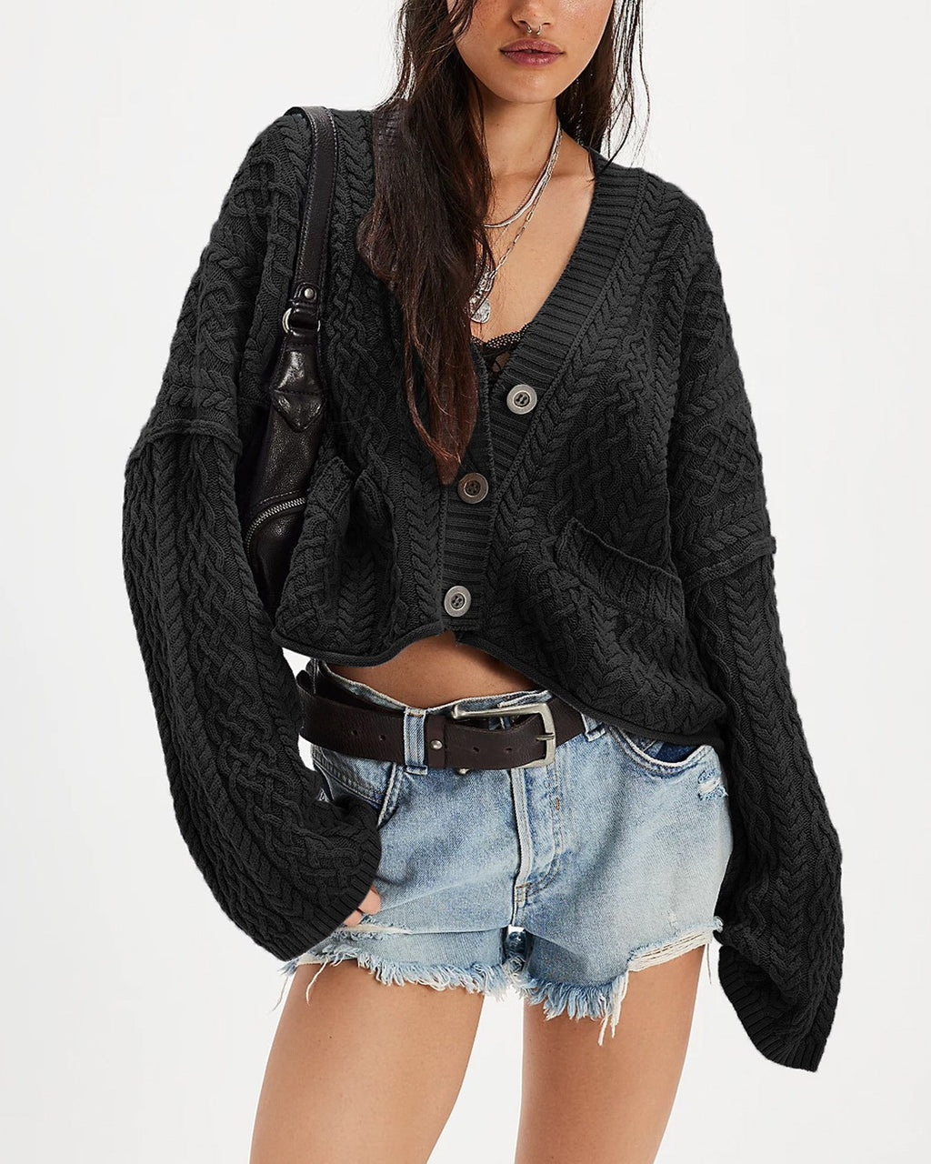 Wide Sleeve Cable Knit Cropped Cardigan - Black
