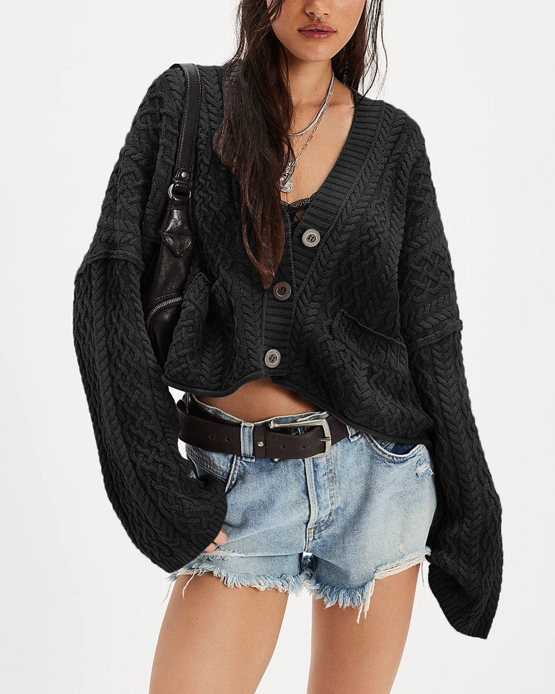 Wide Sleeve Cable Knit Cropped Cardigan - Black