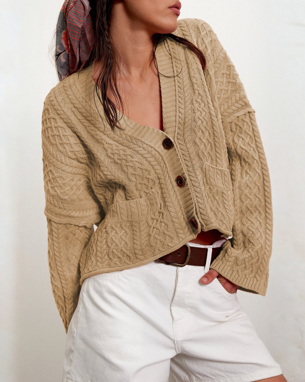 Wide Sleeve Cable Knit Cropped Cardigan - Khaki