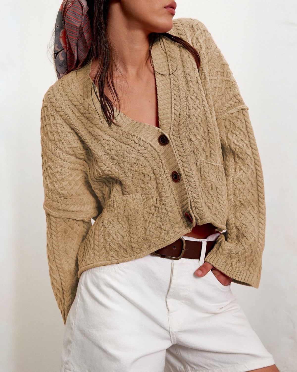 Wide Sleeve Cable Knit Cropped Cardigan - Khaki