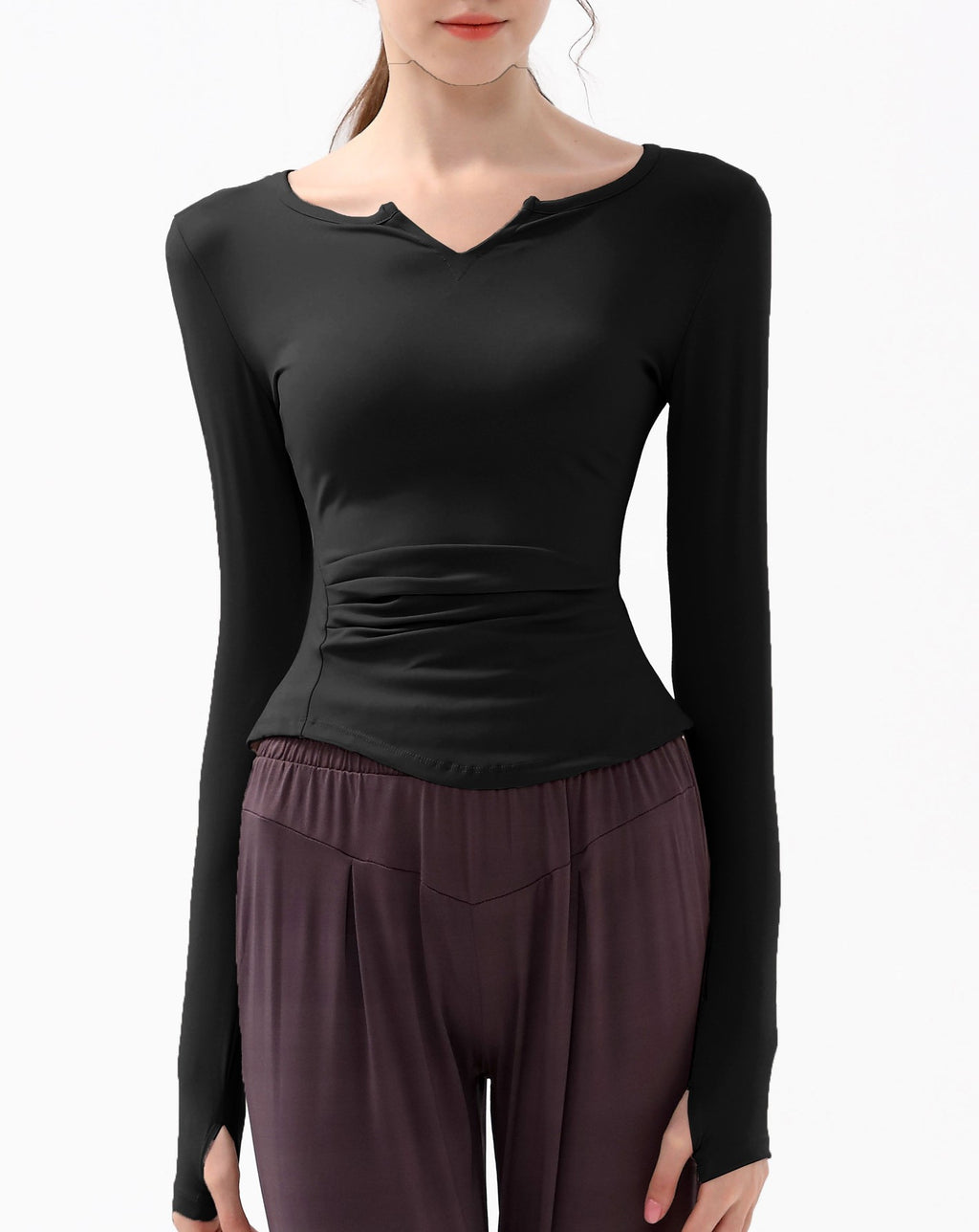 Ruched Notch Neck Fitted Long Sleeve Top - Black
