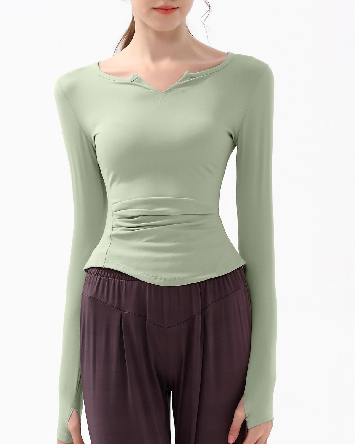 Ruched Notch Neck Fitted Long Sleeve Top - Green