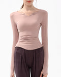 Ruched Notch Neck Fitted Long Sleeve Top - Pink