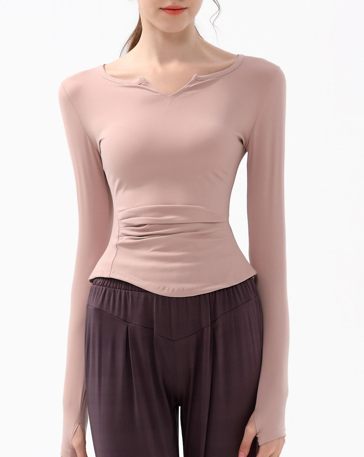 Ruched Notch Neck Fitted Long Sleeve Top - Pink