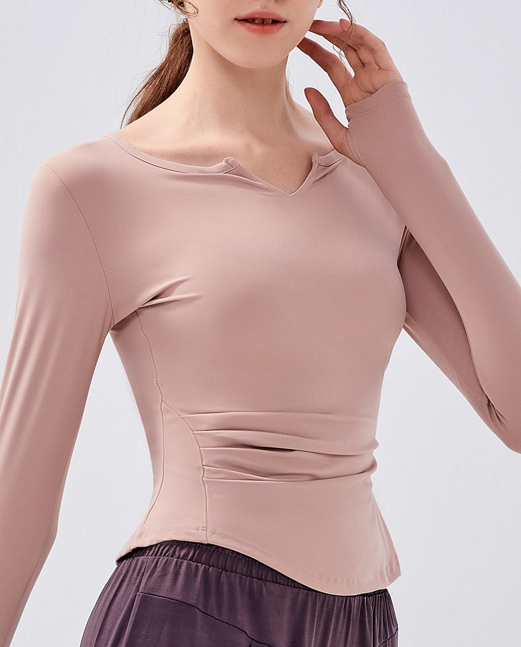 Ruched Notch Neck Fitted Long Sleeve Top - Pink - 1