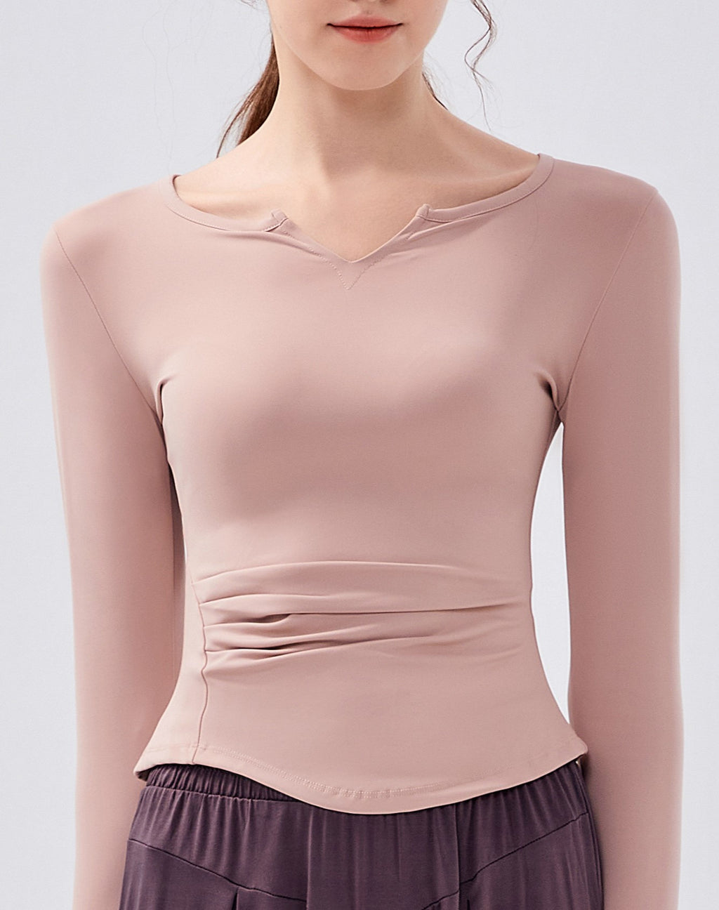 Ruched Notch Neck Fitted Long Sleeve Top - Pink - 3