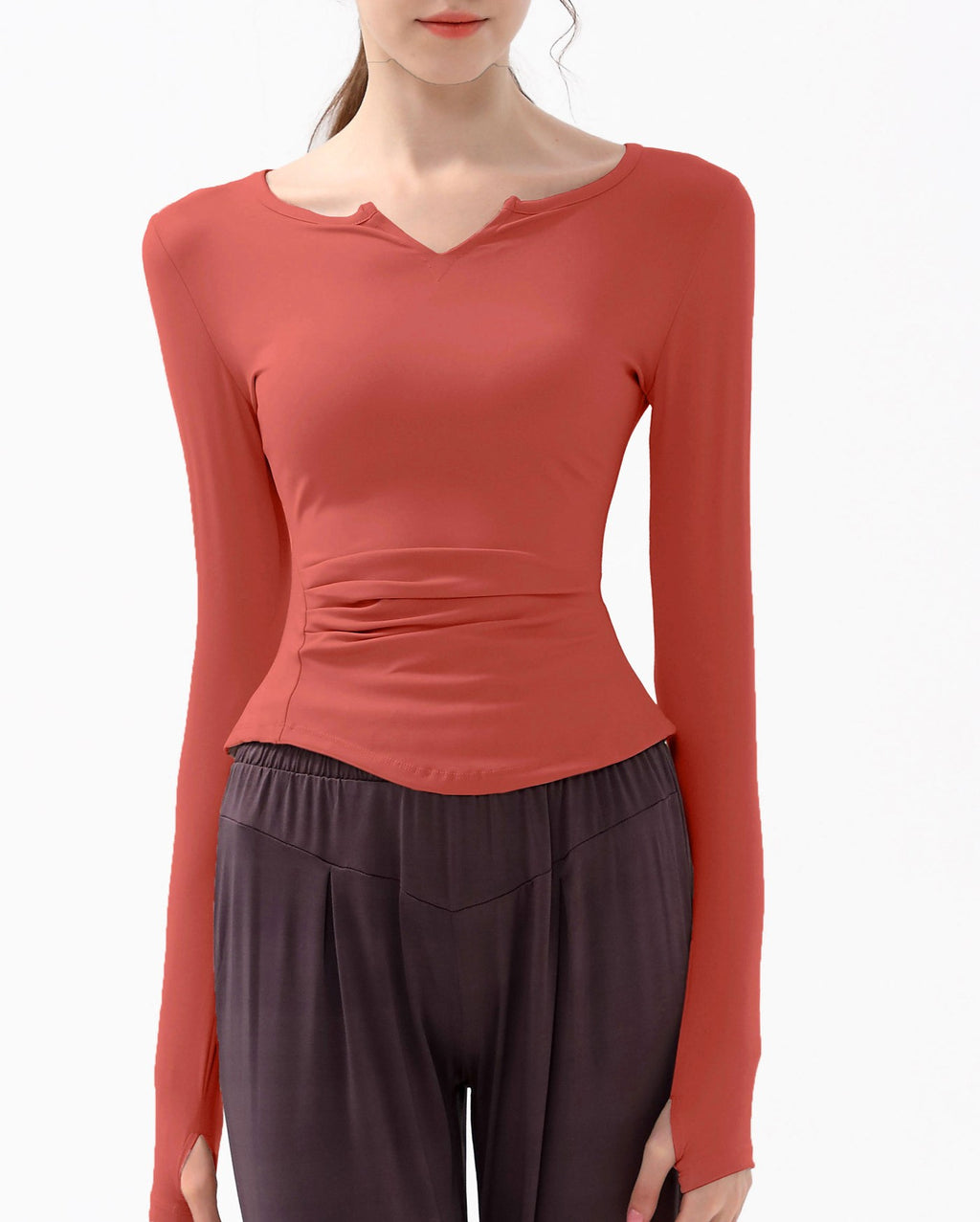 Ruched Notch Neck Fitted Long Sleeve Top - Red
