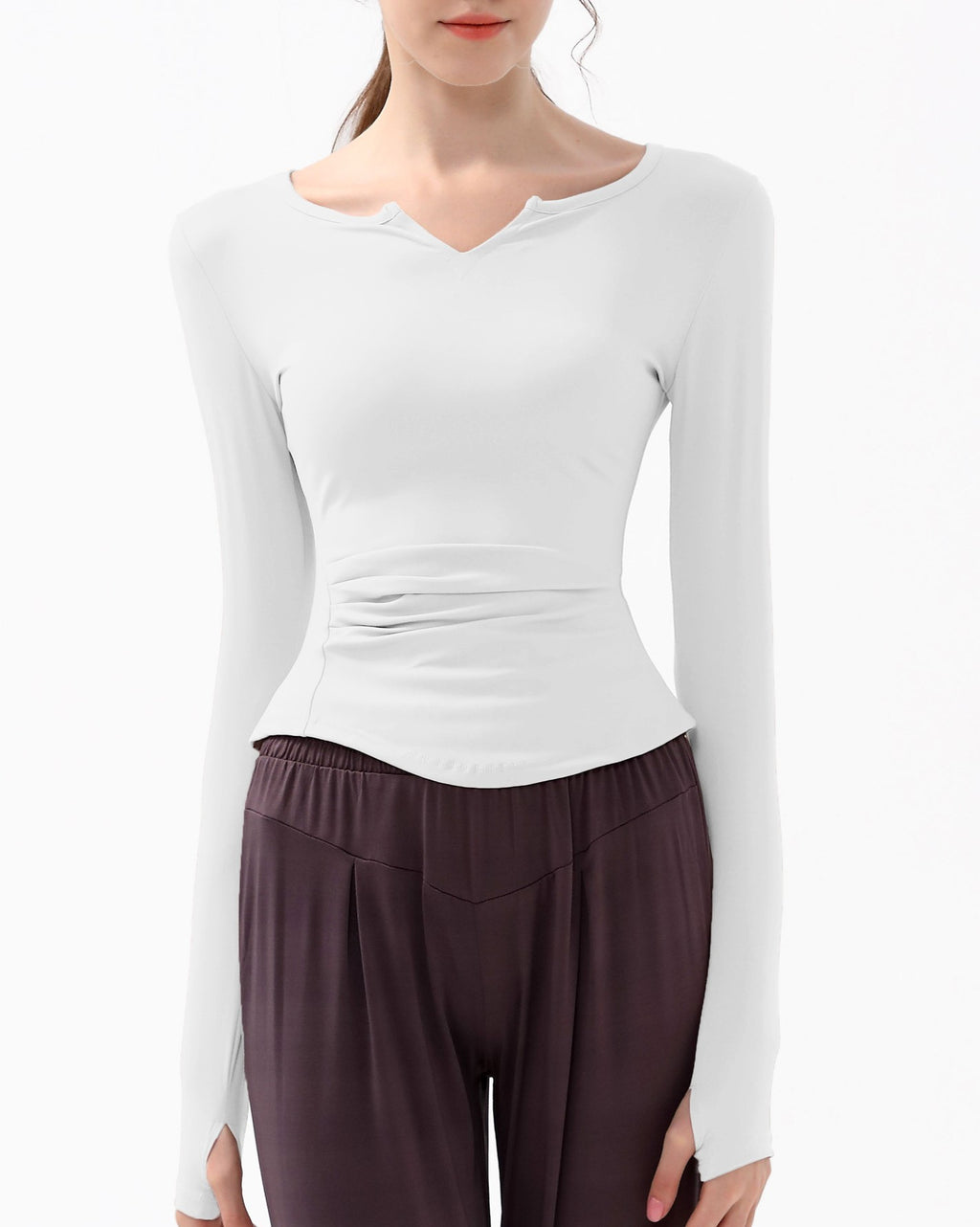 Ruched Notch Neck Fitted Long Sleeve Top - White