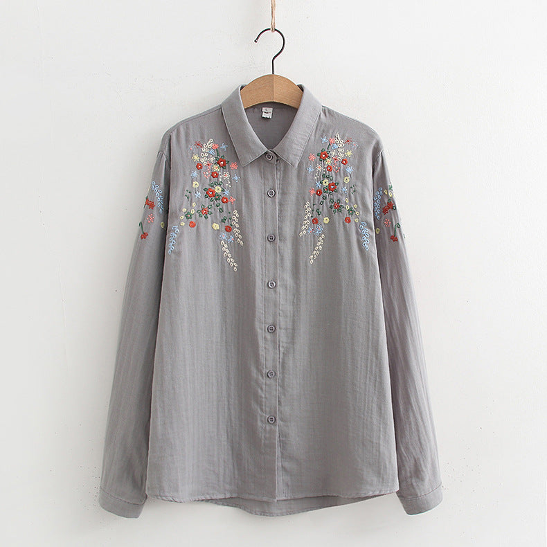 Blossom Embroidery Long Sleeve Gauze Shirt - Grey01