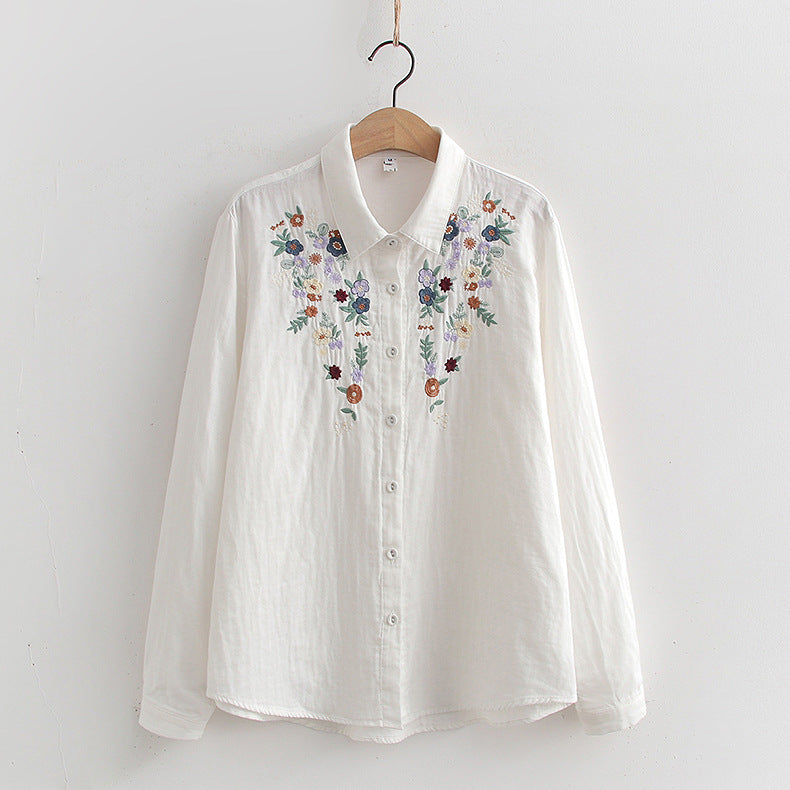 Blossom Embroidery Long Sleeve Gauze Shirt - White02