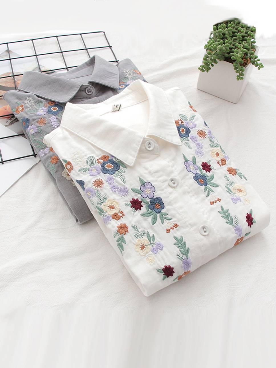 Blossom Embroidery Long Sleeve Gauze Shirt