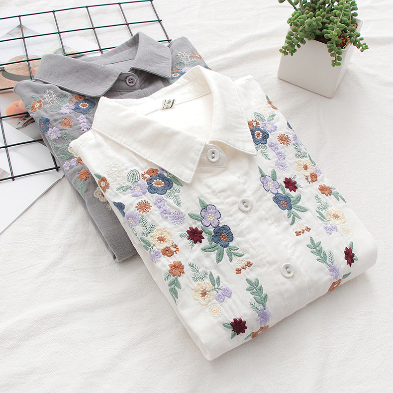 Blossom Embroidery Long Sleeve Gauze Shirt - view 2