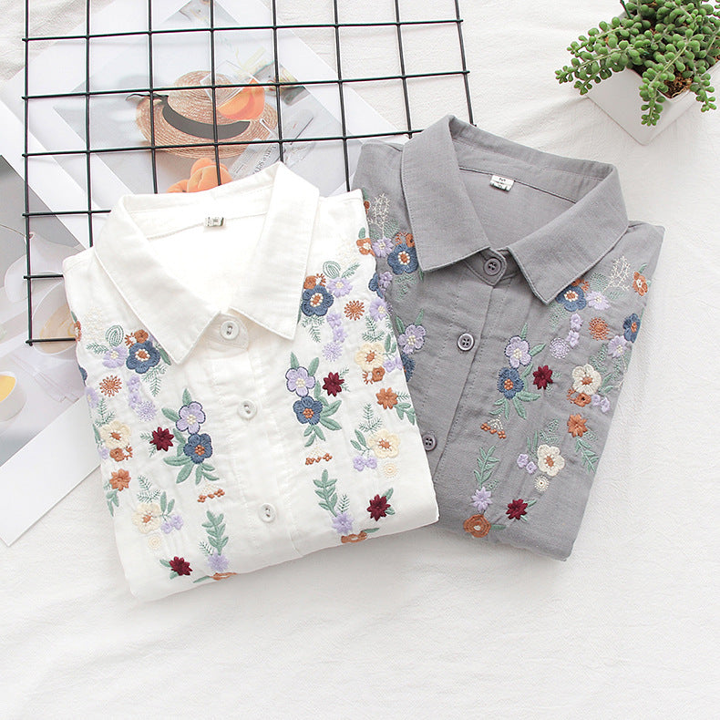 Blossom Embroidery Long Sleeve Gauze Shirt - view 3