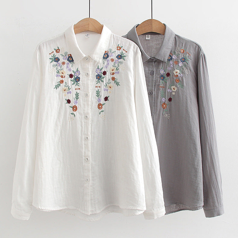 Blossom Embroidery Long Sleeve Gauze Shirt - view 4