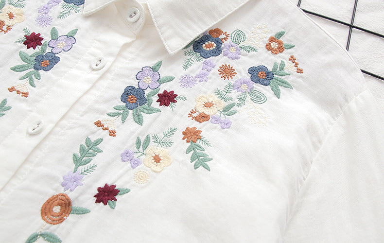 Blossom Embroidery Long Sleeve Gauze Shirt - view 7