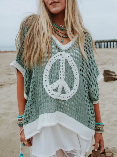 Peace Sign Open Knit Poncho Top - sage