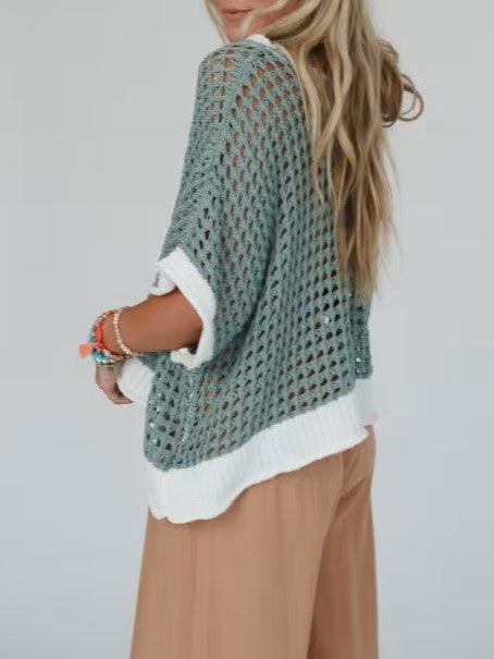 Peace Sign Open Knit Poncho Top - sage - 1