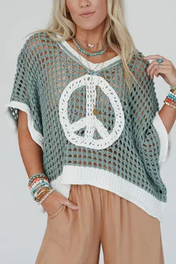 Peace Sign Open Knit Poncho Top - sage - 2