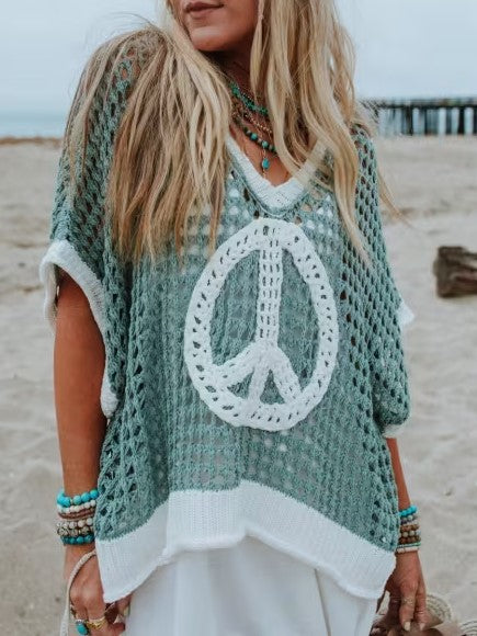Peace Sign Open Knit Poncho Top - sage - 3