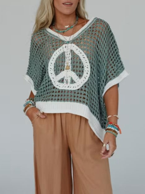 Peace Sign Open Knit Poncho Top - sage - 4