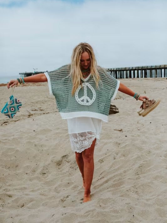 Peace Sign Open Knit Poncho Top - sage - 5
