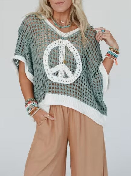 Peace Sign Open Knit Poncho Top - sage - 6