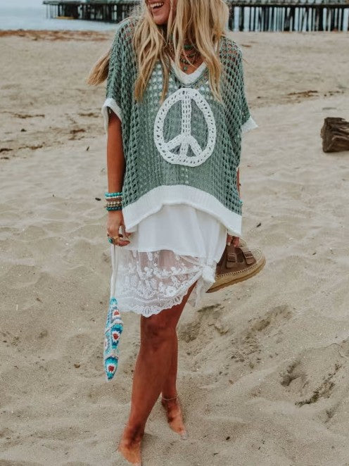 Peace Sign Open Knit Poncho Top - sage - 7