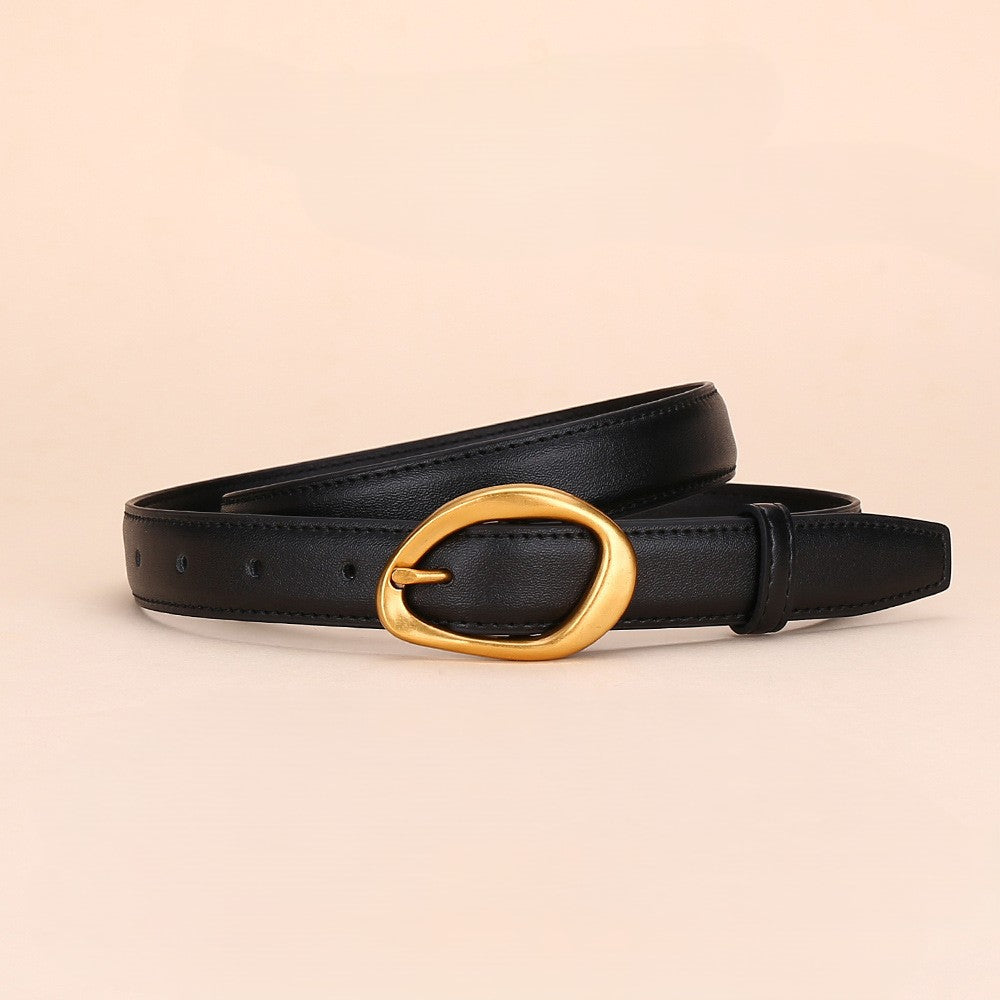 Sculpted Oval Buckle Slim Leather Belt - Black