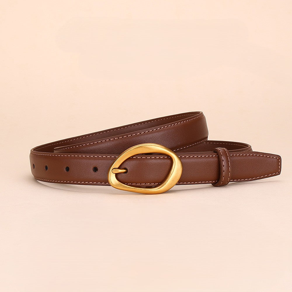 Sculpted Oval Buckle Slim Leather Belt - Caramel