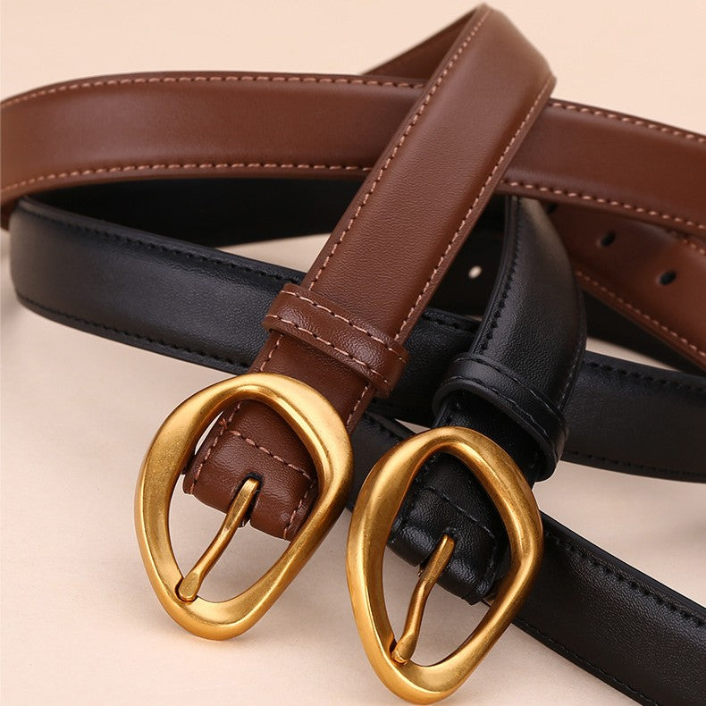 Sculpted Oval Buckle Slim Leather Belt