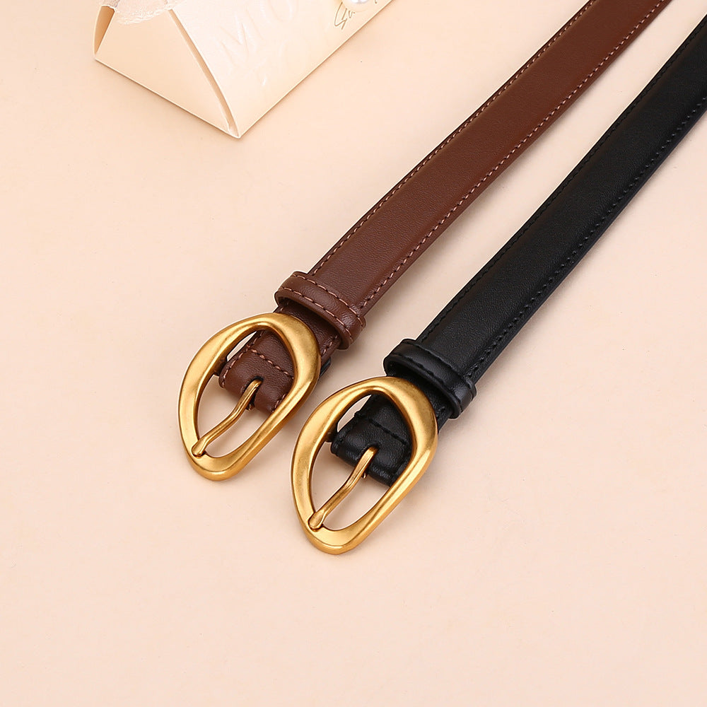Sculpted Oval Buckle Slim Leather Belt - view 2
