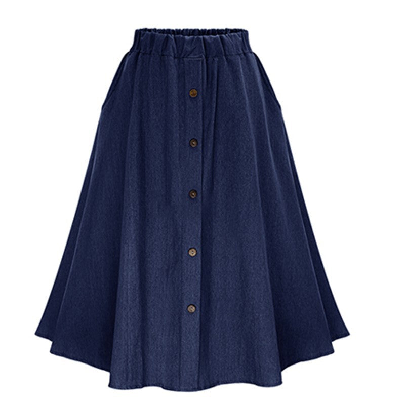 Button Front Denim A Line Midi Skirt - DarkBlue