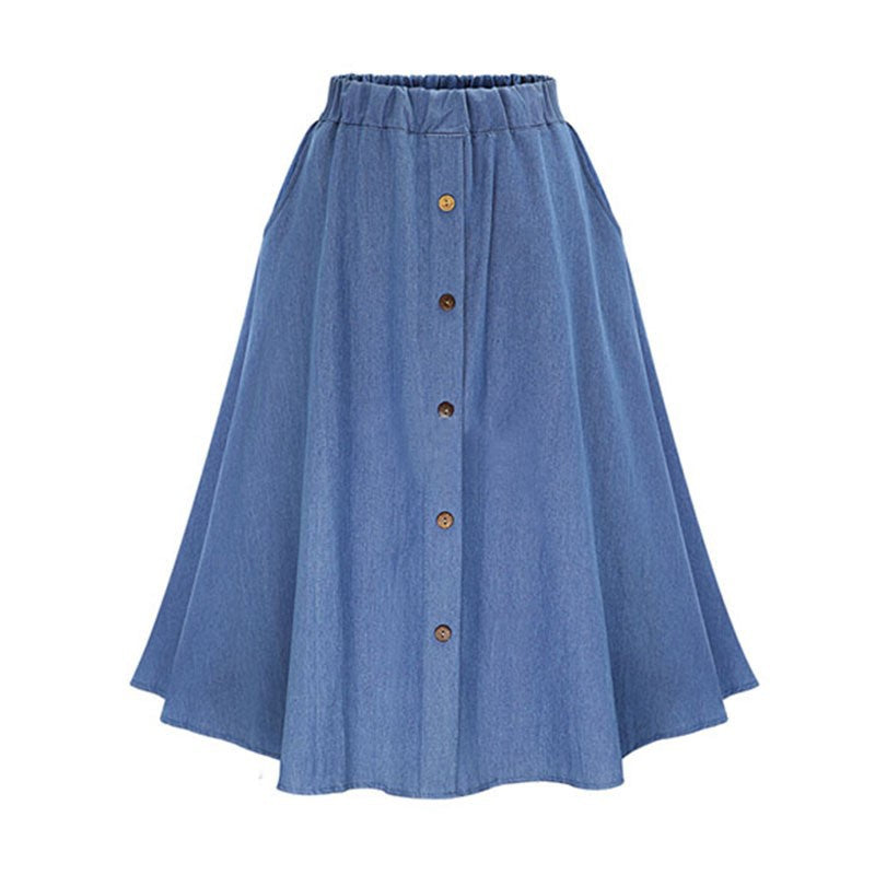 Button Front Denim A Line Midi Skirt - LightBlue