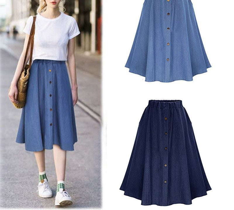Button Front Denim A Line Midi Skirt