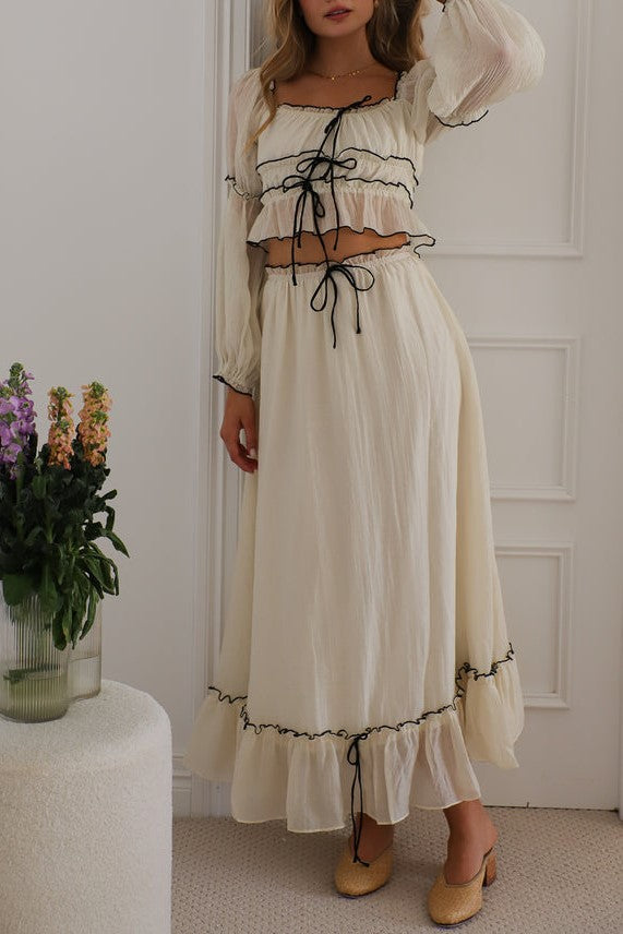 Ribbon Tie Off Shoulder Top And Skirt Set - Beige