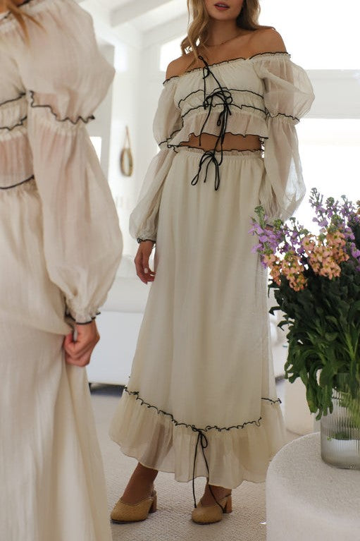 Ribbon Tie Off Shoulder Top And Skirt Set - Beige - 2