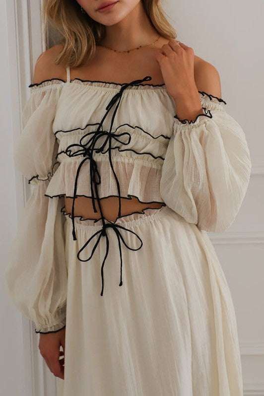 Ribbon Tie Off Shoulder Top And Skirt Set - Beige - 3