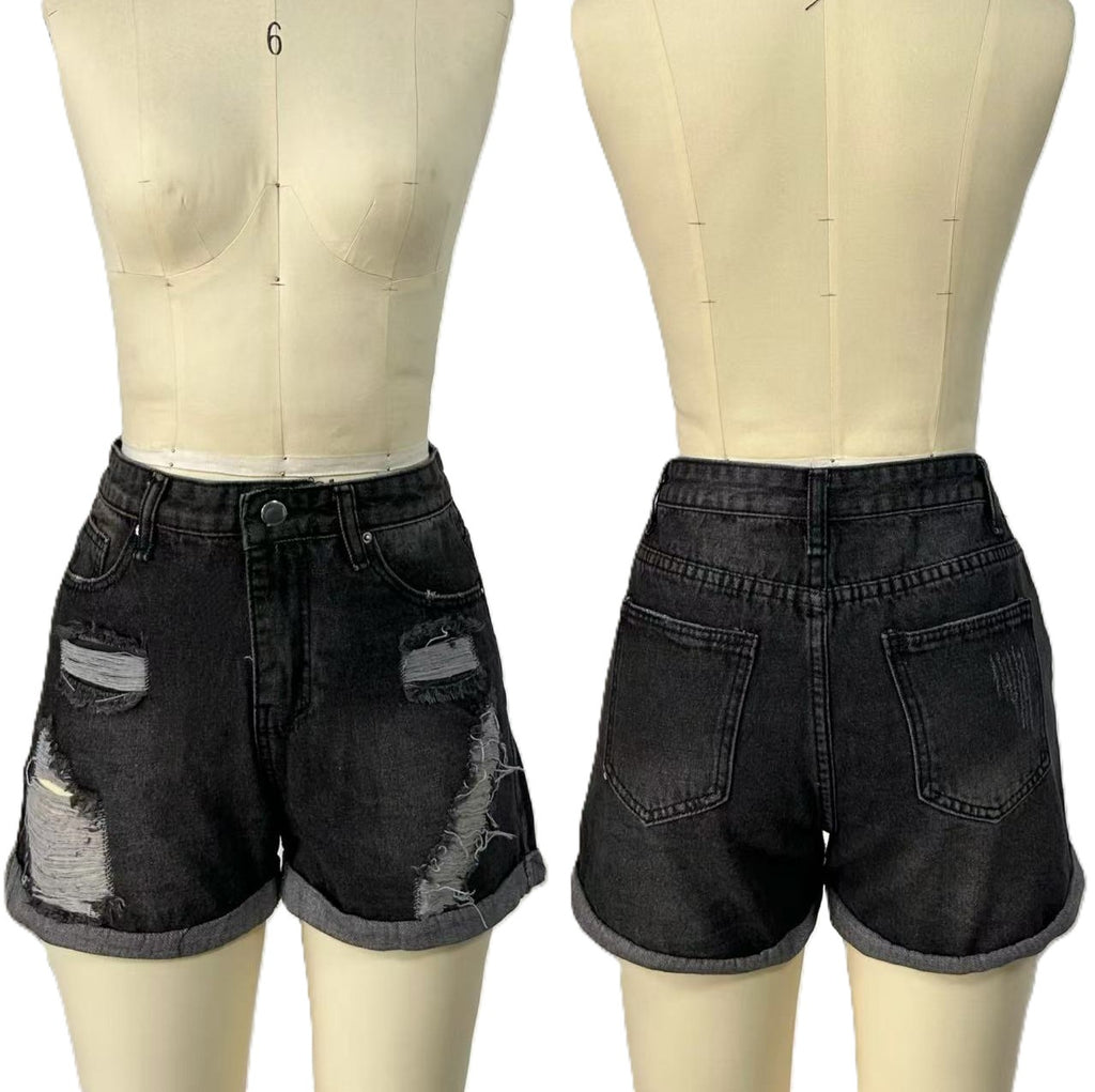 Distressed High Waist Cuffed Denim Shorts - Black