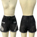 Distressed High Waist Cuffed Denim Shorts - Black
