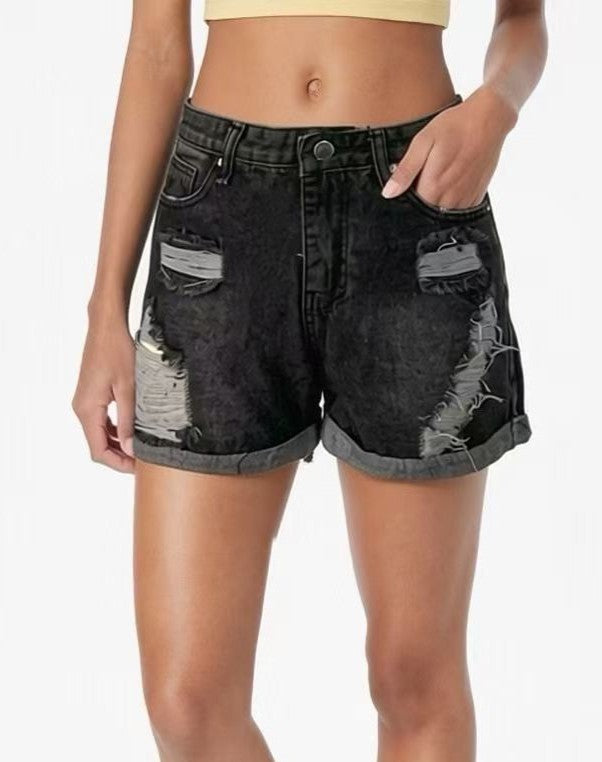 Distressed High Waist Cuffed Denim Shorts - Black - 1
