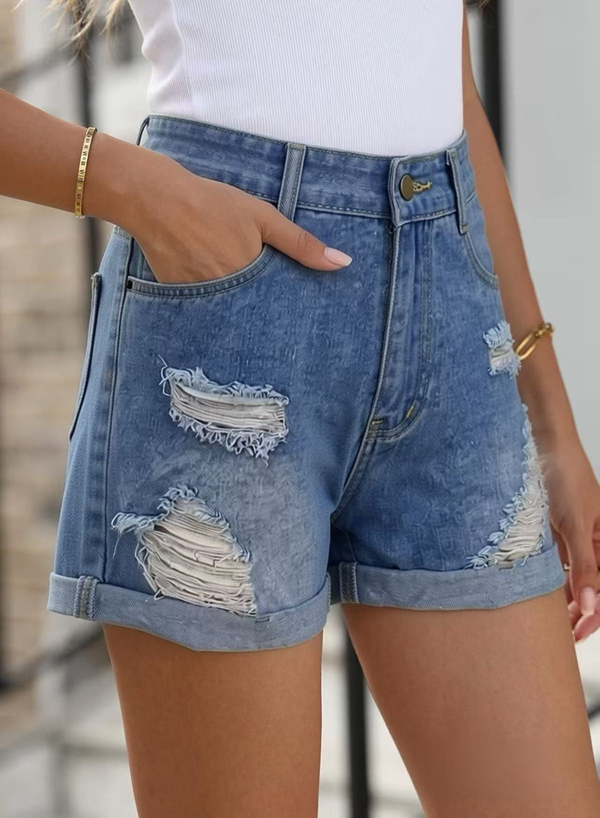 Distressed High Waist Cuffed Denim Shorts - Blue