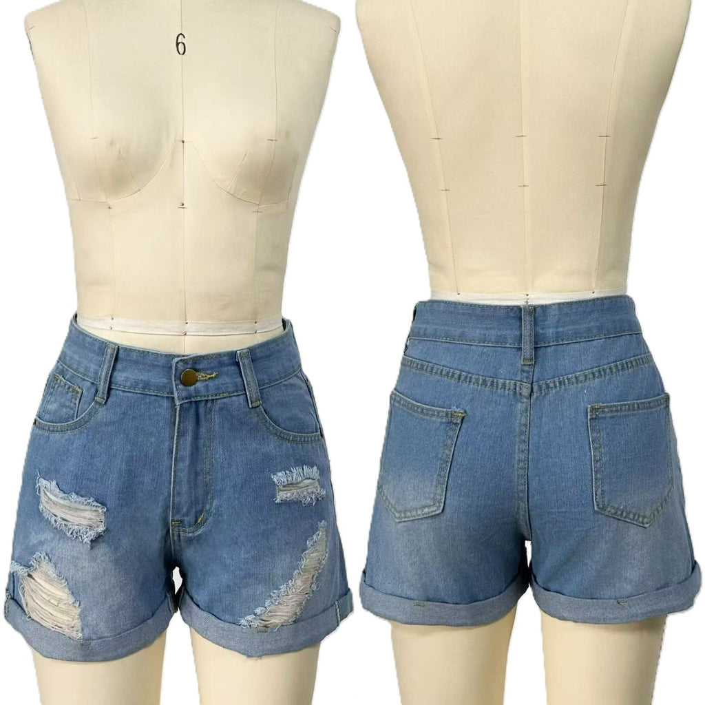 Distressed High Waist Cuffed Denim Shorts - Blue - 1