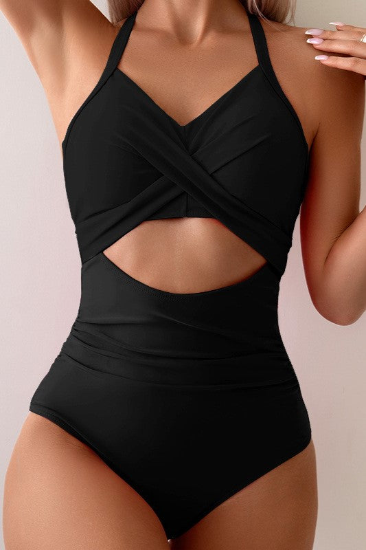Twist Front Waist Cutout Swimsuit - Black - 4